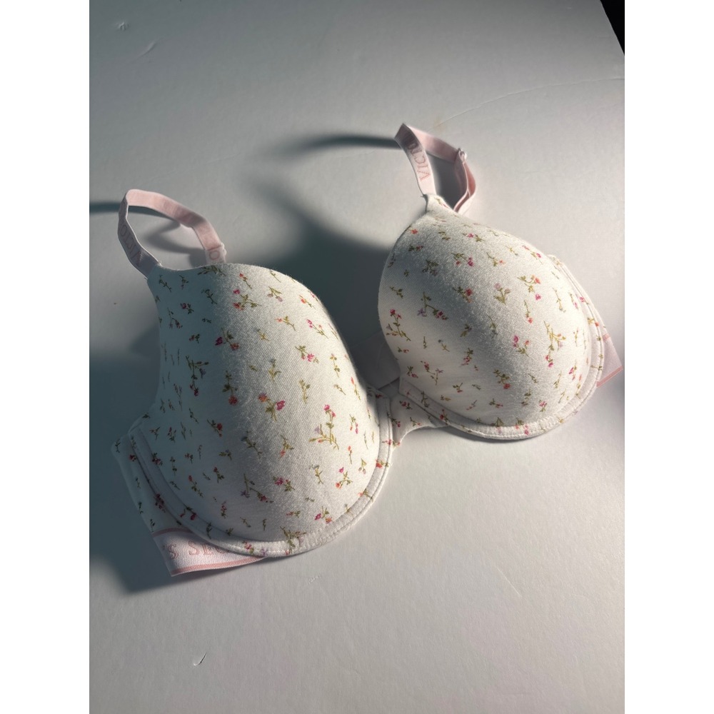 Victorias Secret Floral T-Shirt Bra Pink White Logo Straps Underwire Comfort